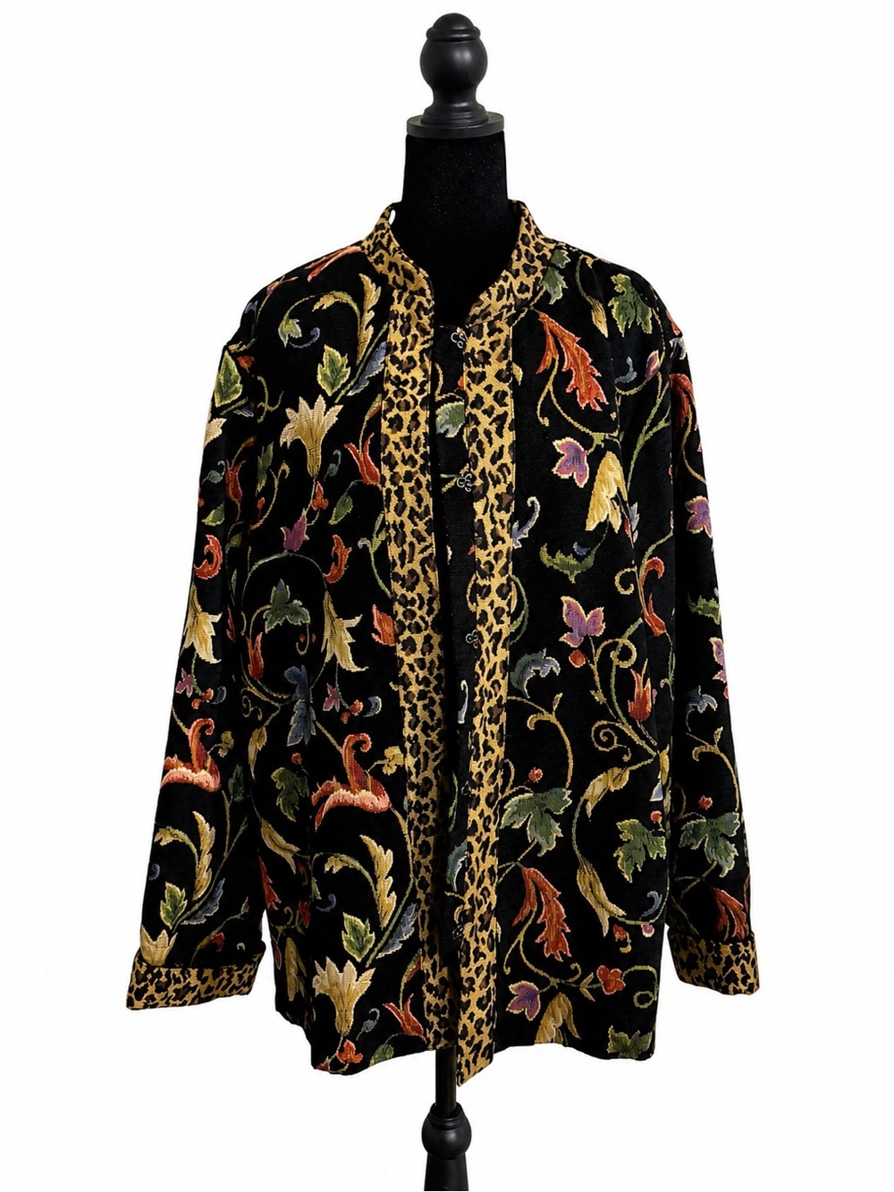 White Stag Black Floral Jacket with Leopard Accent